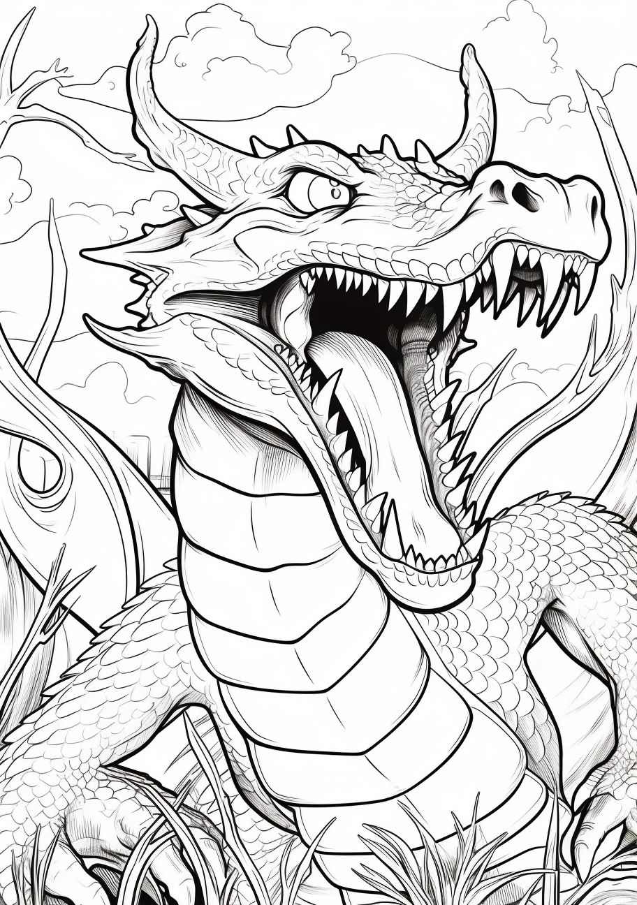 A bold, roaring dragon, showing intricate details of scales, wings, and sharp claws.printable coloring page, black and white, free download