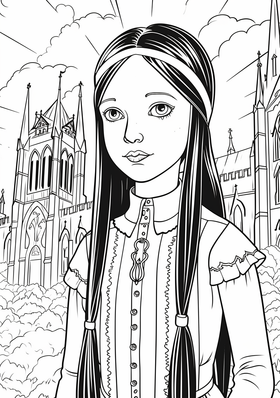A meticulous rendering of Addams in her natural habitat, juxtaposing her stark black attire with the detailed patterns of the setting. printable coloring page, black and white, free download