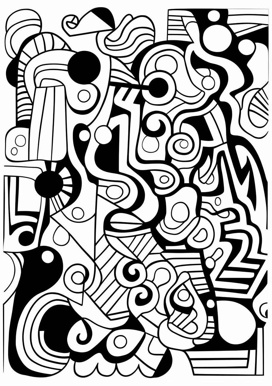 Coloring page featuring twisting shapes in an abstract pattern; graduated line strength and detailed textures. phone art wallpaper