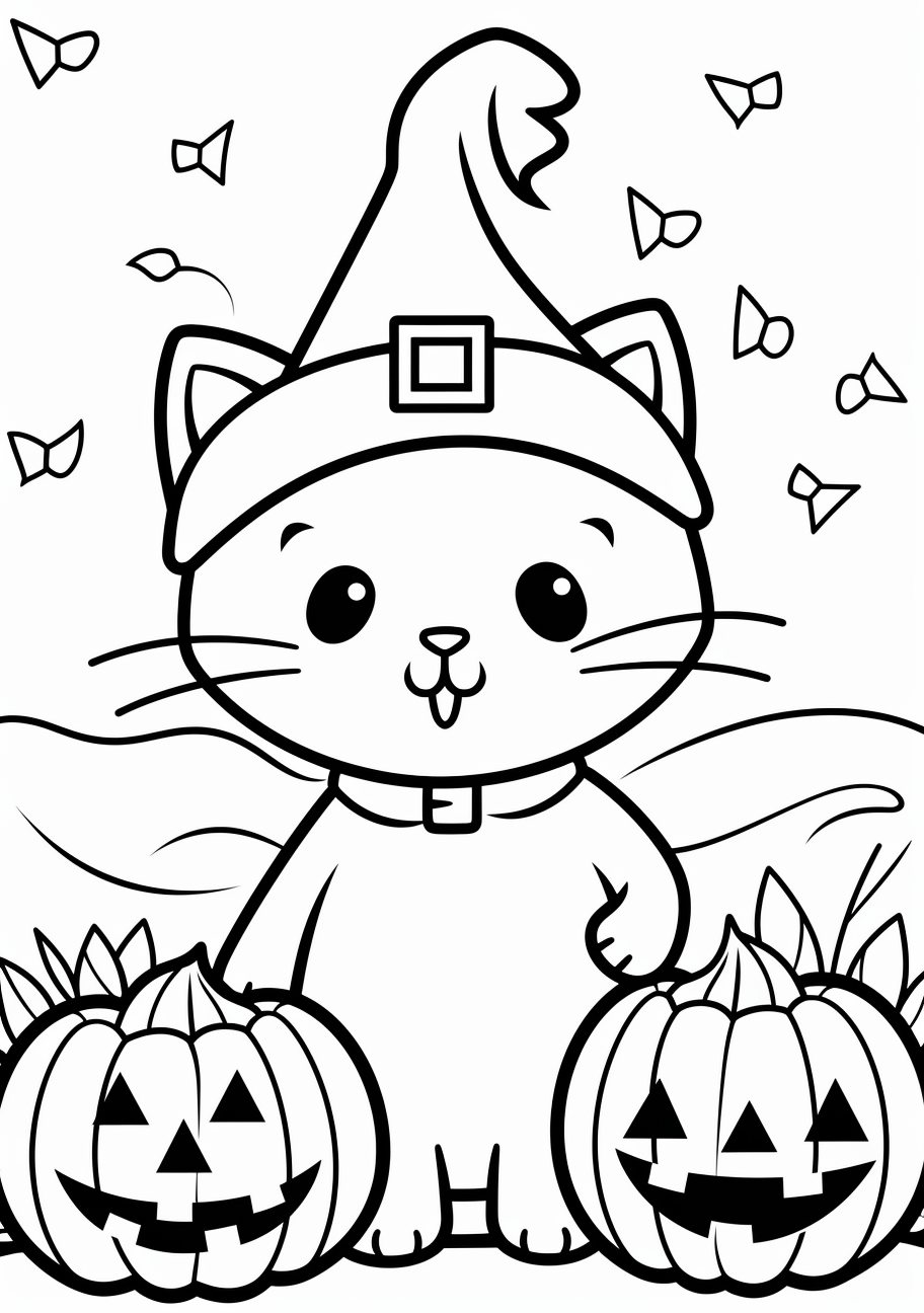 Cat dressed in a ghost costume by a pumpkin; stylized with simple, childlike shapes and lines. phone art wallpaper