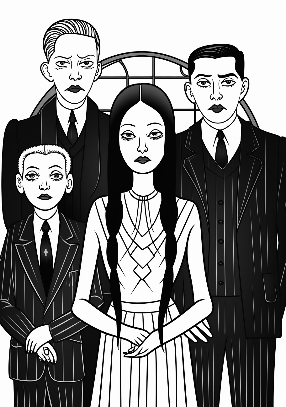 Wednesday Addams in the foreground, with other Addams family members in the background; old school cartoon drawer style utilized. printable coloring page, black and white, free download