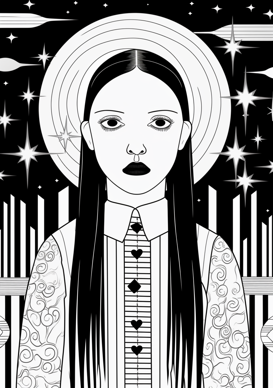 Wednesday Addams casting a spell in a magical environment; a mystical aura and elaborate symbolic details around her. printable coloring page, black and white, free download
