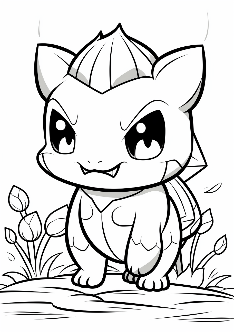 Bulbasaur depicted in a peaceful scene; distinct outlines and clear shapes. printable coloring page, black and white, free download