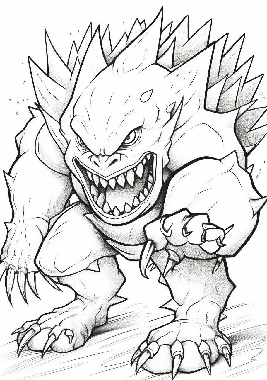Detailed depiction of Mega Gengar, featuring its chilling teeth and daunting spikes. printable coloring page, black and white, free download