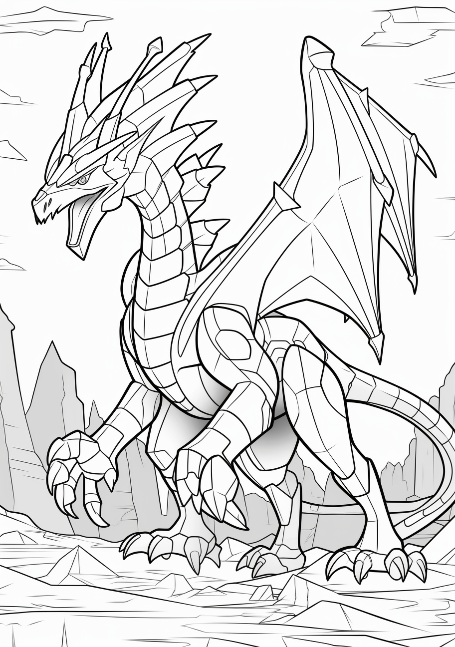 An intimidating portrayal of Dialga, showing strong lines and bold details. printable coloring page, black and white, free download