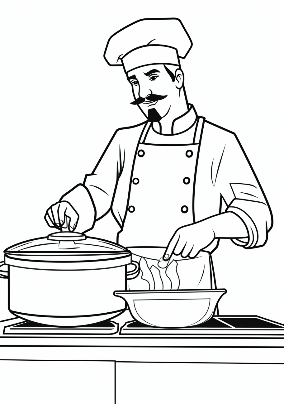 Chef vigorously chopping vegetables; Strong lines with moderate details.printable coloring page, black and white, free download