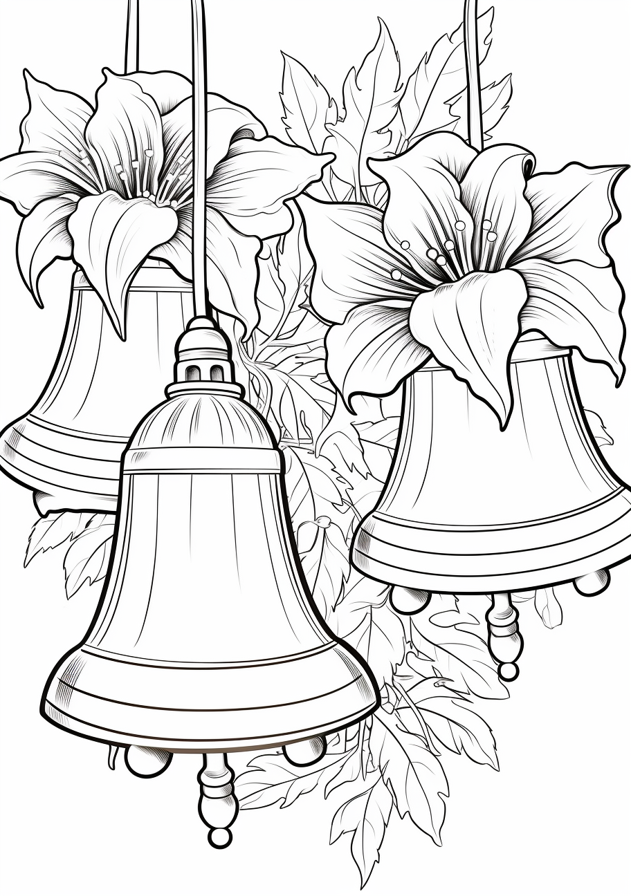 Holiday-themed depiction of Christmas baubles and bells; with strong outlines and intricate designs.printable coloring page, black and white, free download