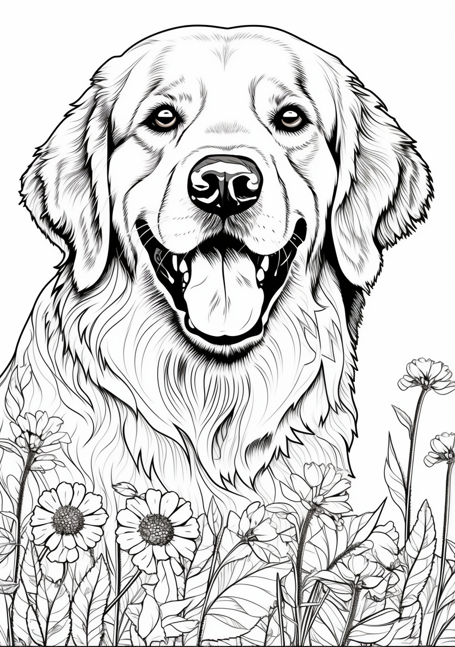 Realistic representation of a Golden Retriever; intricate detail on fur printable coloring page, black and white, free download