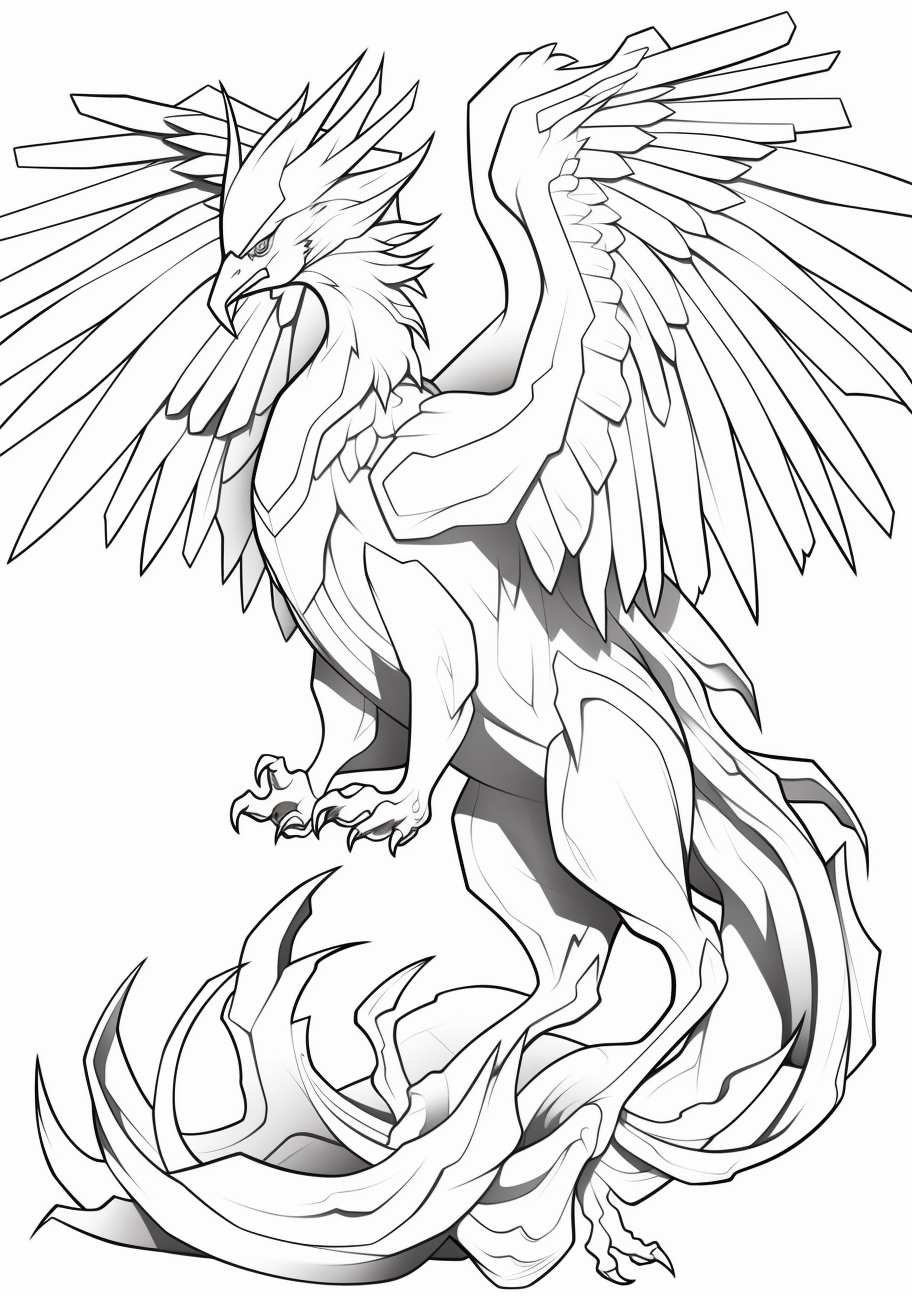 Articuno, the Legendary Pokemon; shown in a traditional style, using clean, simple outlines. printable coloring page, black and white, free download