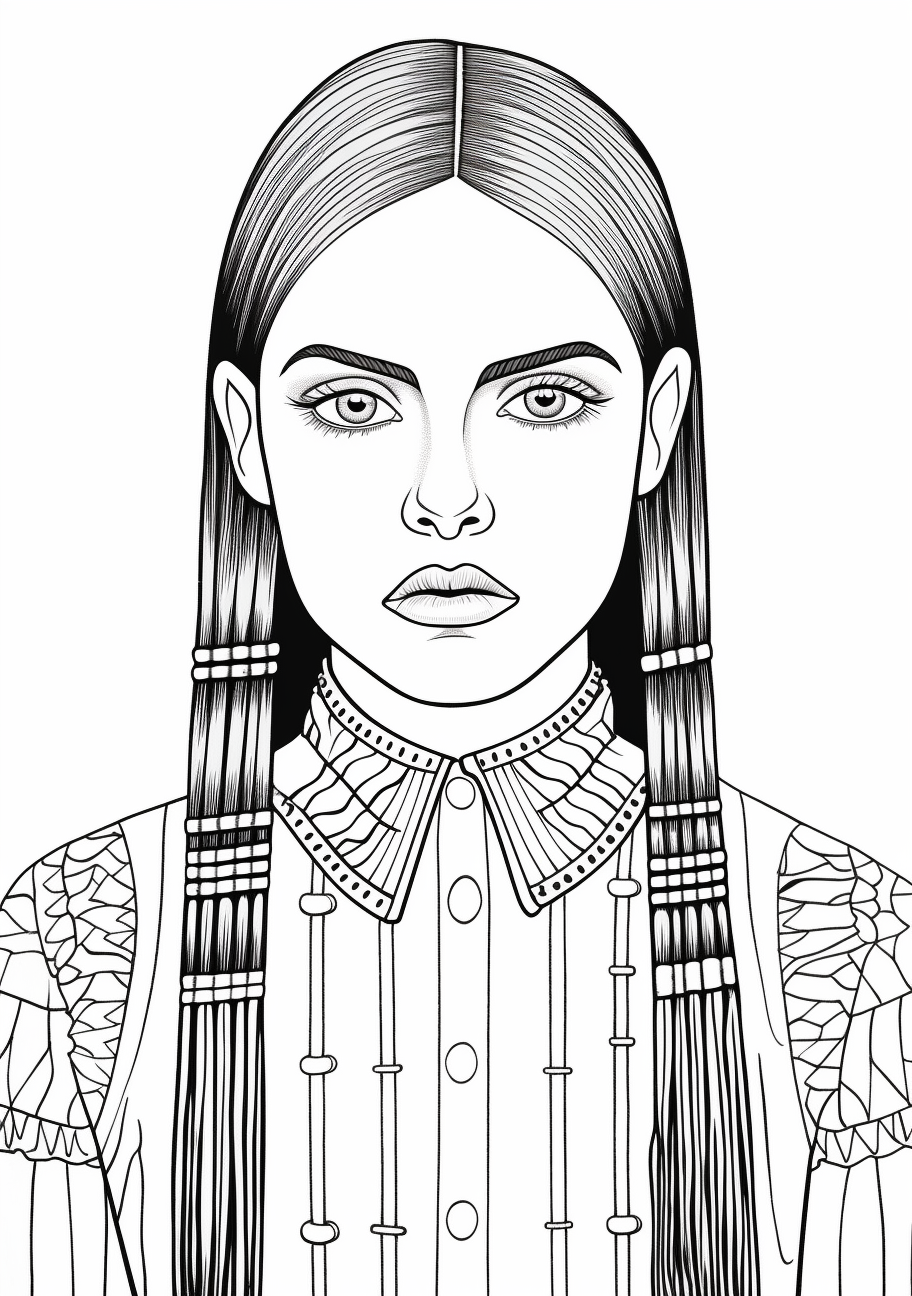 Wednesday Addams in a portrait style sketch; detailed lines and adult face. printable coloring page, black and white, free download