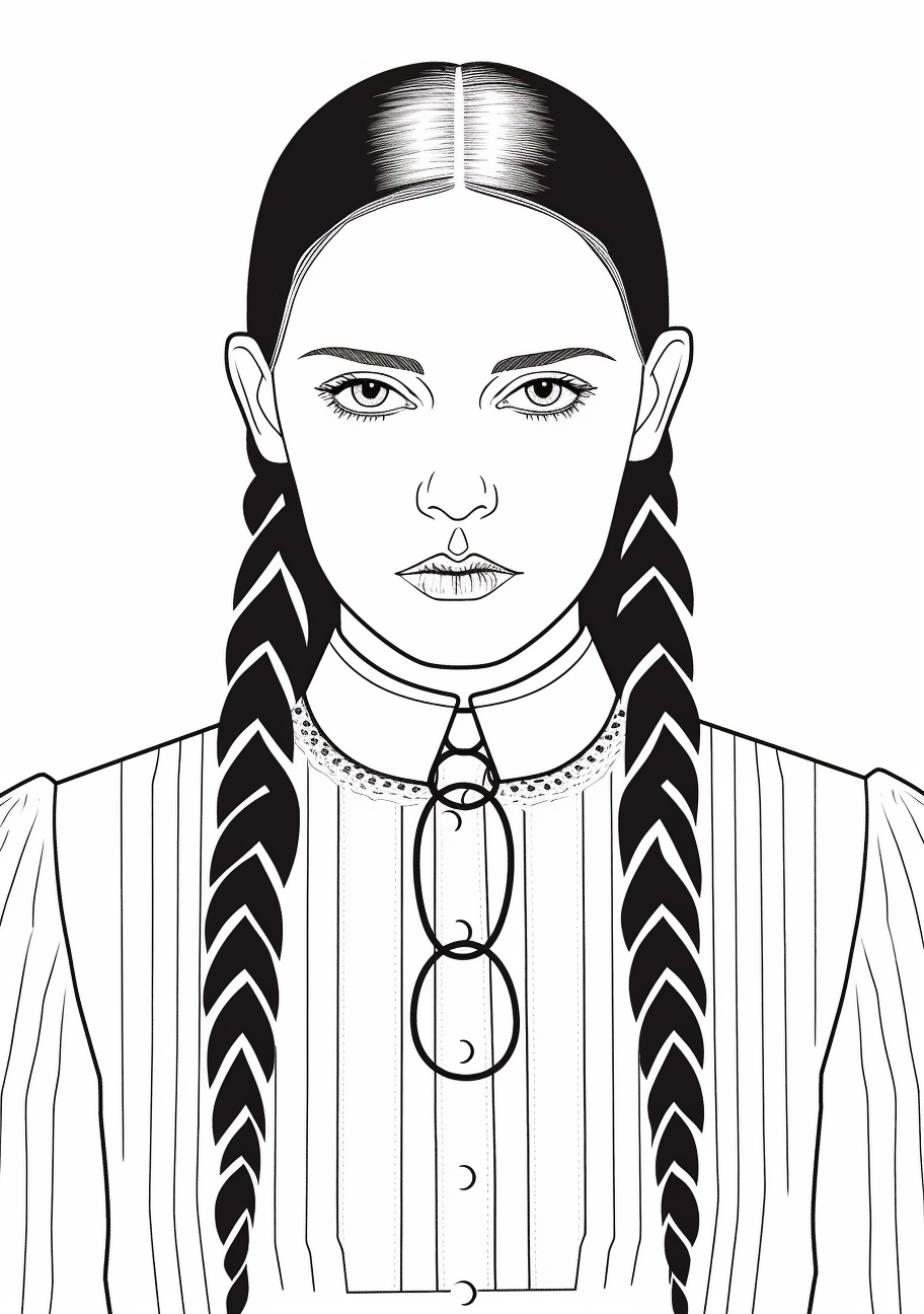 Detailed sketch of Wednesday Addams with intricate braids and facial expression; clean lines with moderate details. printable coloring page, black and white, free download