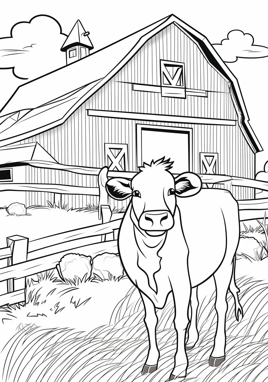 Depicts a cow grazing in a country setting, complete with trees and rolling hills in the background.printable coloring page, black and white, free download