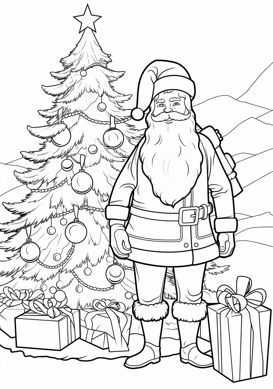 Santa Claus placing a gift under the tree; intricate details on the wrapped gift and the fur on Santa's suit.