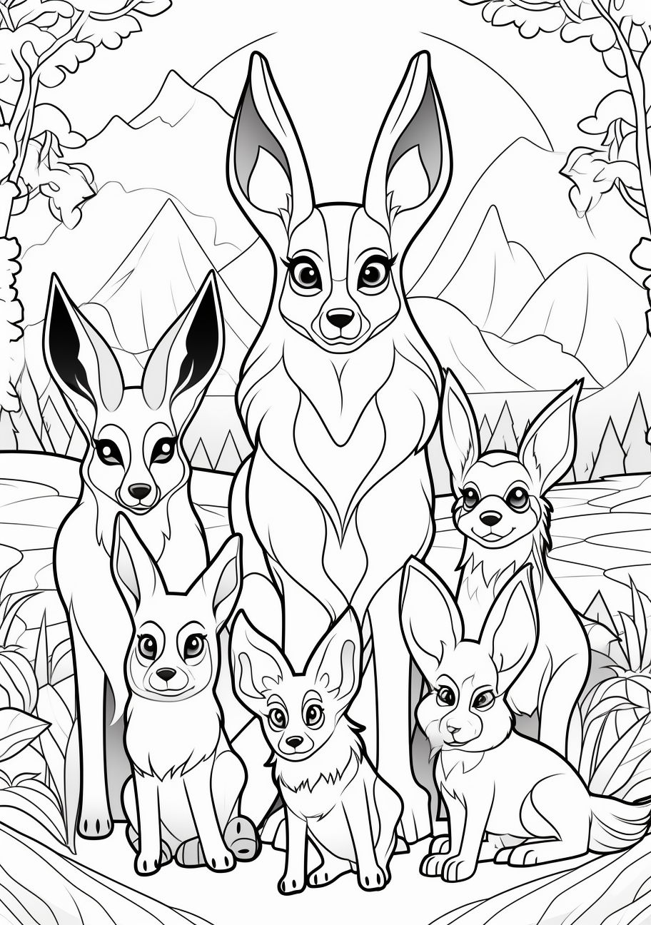 Eevee and each of its evolved forms are individually featured; sharp, clean outlines. printable coloring page, black and white, free download