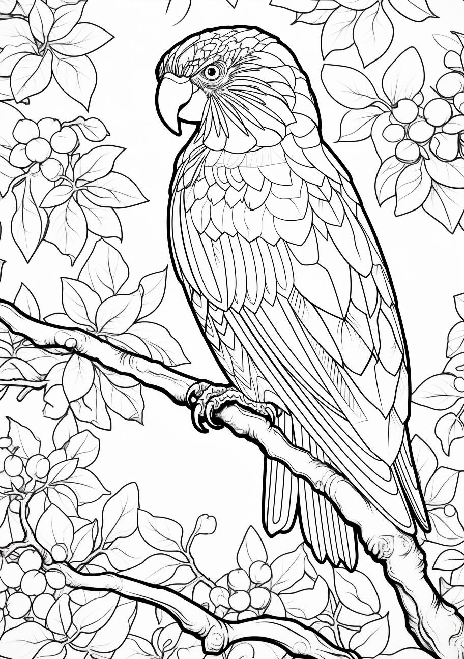 A tropical parrot perched on a tree branch; detailed outlines.printable coloring page, black and white, free download