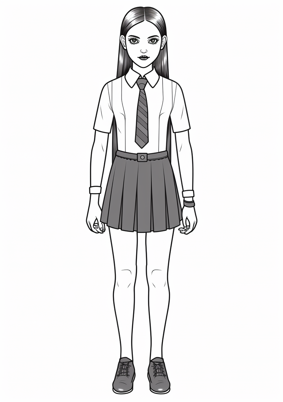 Wednesday Addams portrait with traditional dress and braided hair; has thick outlines and little complex details. printable coloring page, black and white, free download