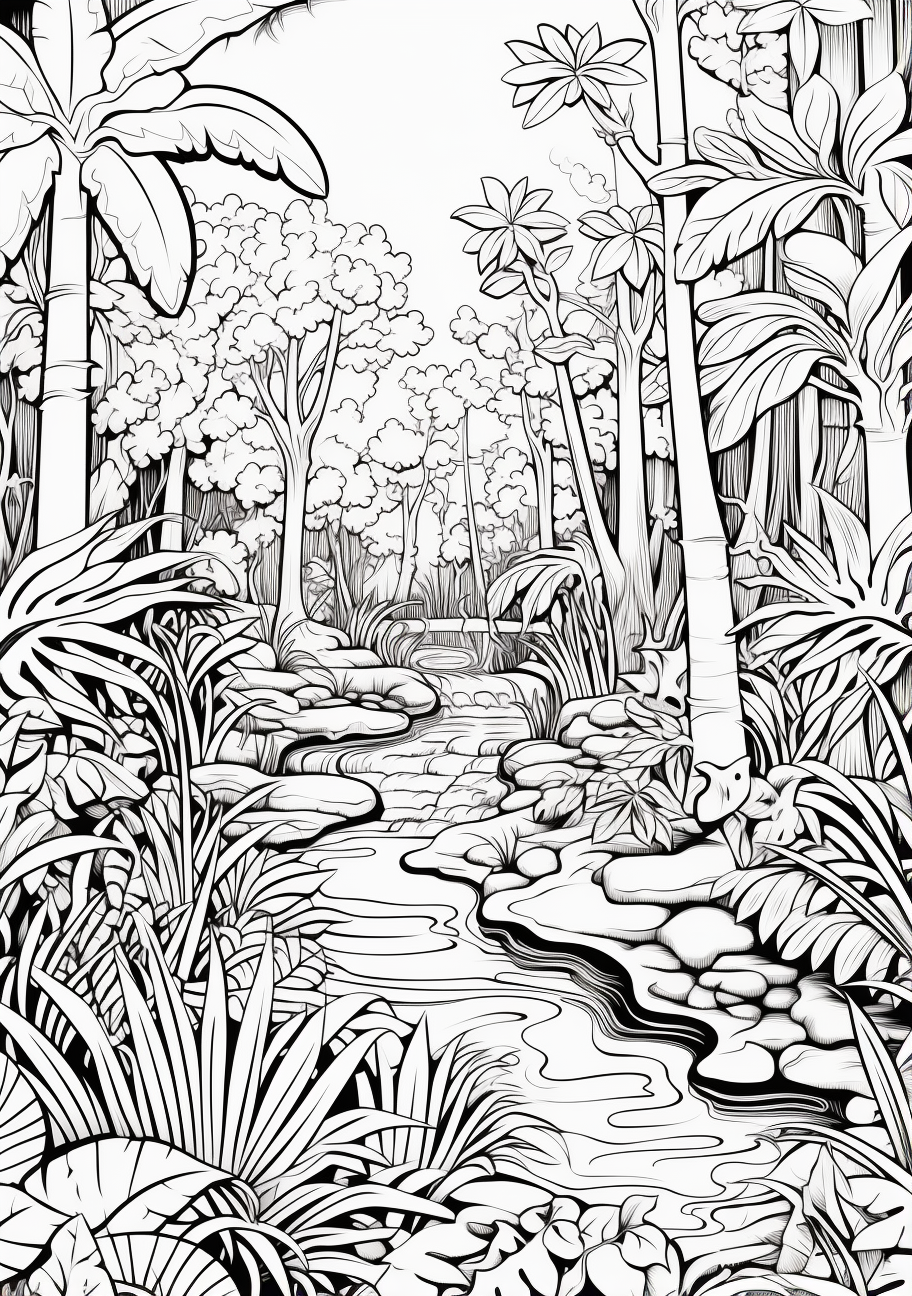 Highlighting some iconic jungle animals like monkeys and parrots amidst lush foliage; clean yet detailed outlines. printable coloring page, black and white, free download