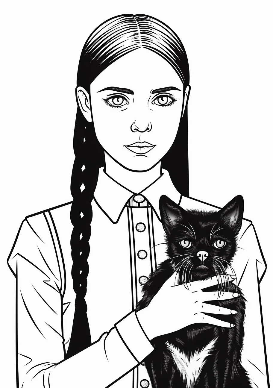 An image of Wednesday Addams reading a book; moderate details. printable coloring page, black and white, free download