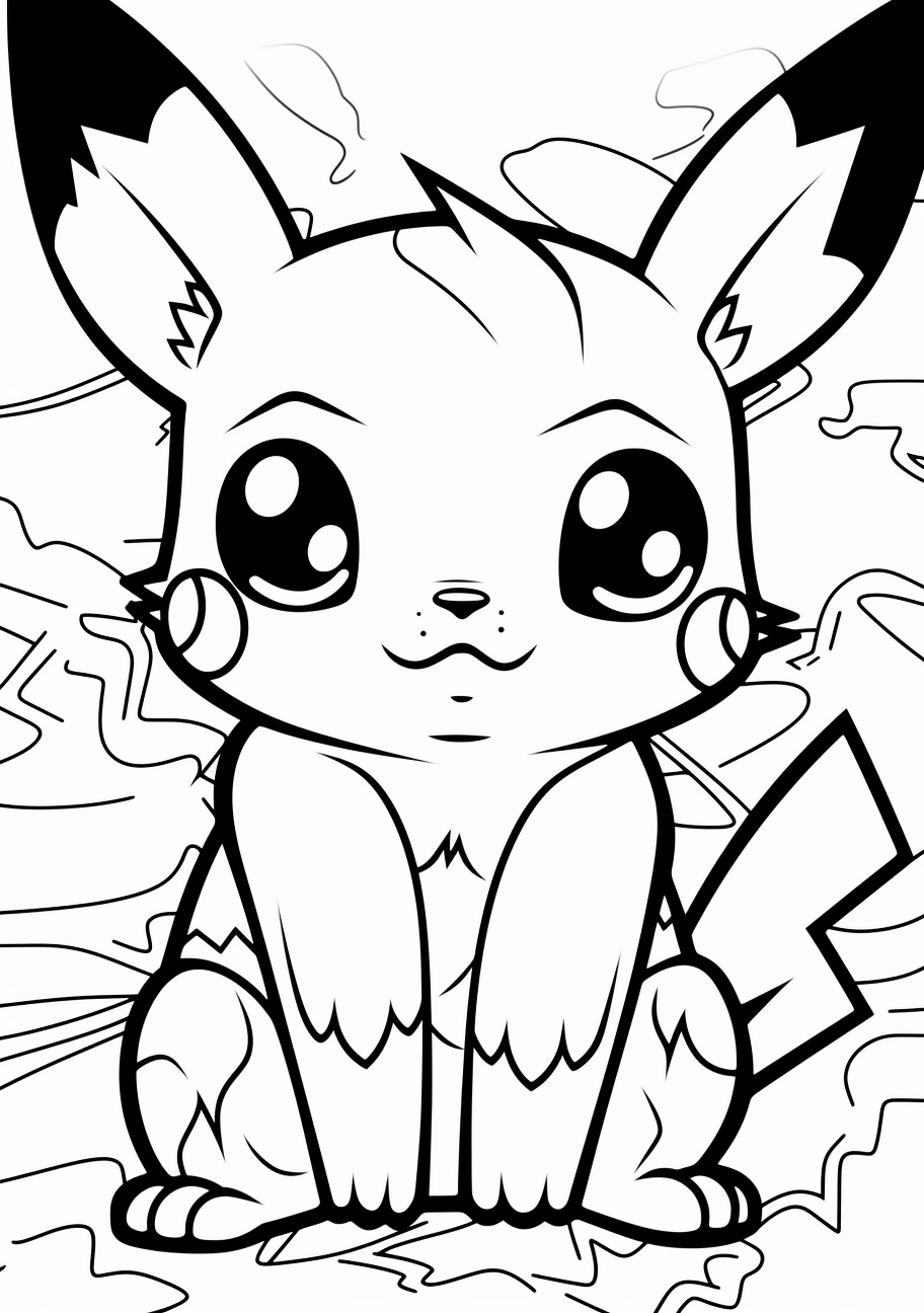 Pikachu with a cute expression; simple and bold lines for easy recognition. printable coloring page, black and white, free download