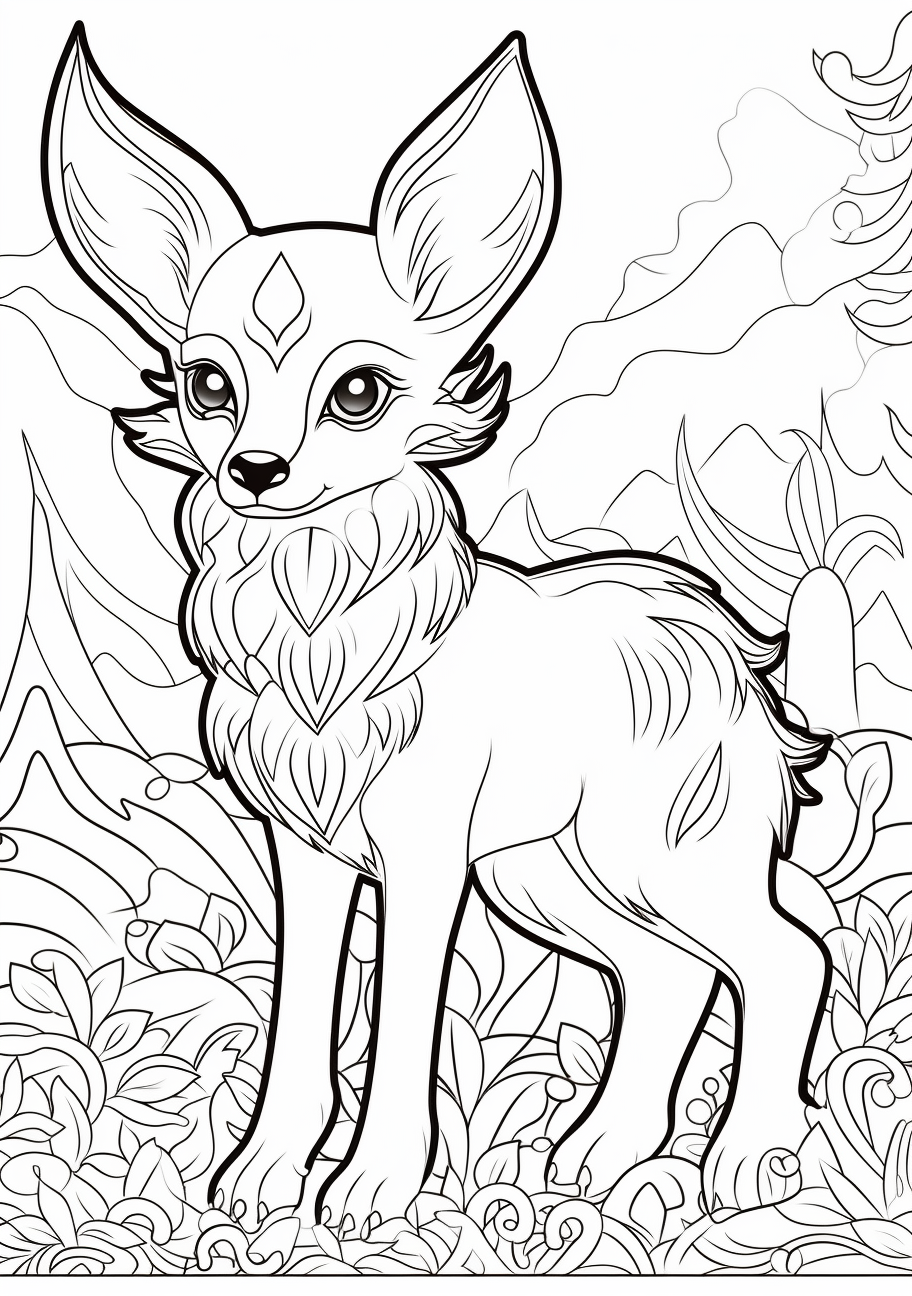 Eevee in its elemental transformations; vivid, distinct outlines. printable coloring page, black and white, free download