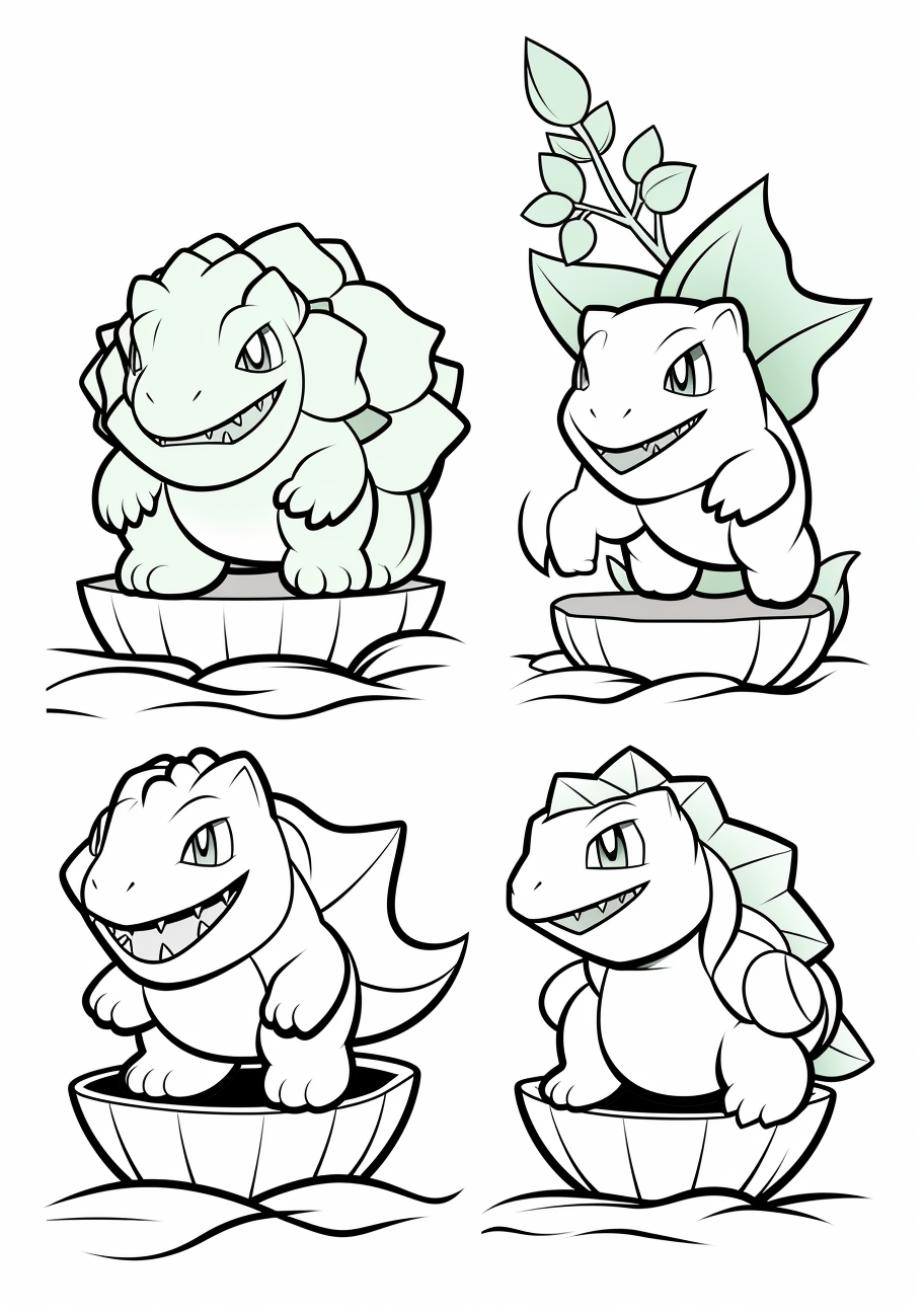Illustrates Bulbasaur's evolution into Ivysaur and Venusaur; clear details of creature design. printable coloring page, black and white, free download