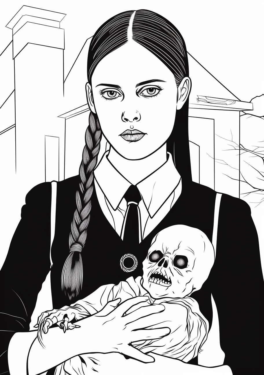 Wednesday Addams with a straight hairstyle; features a contrast of the subtle facial features against bold lines of her dress. printable coloring page, black and white, free download
