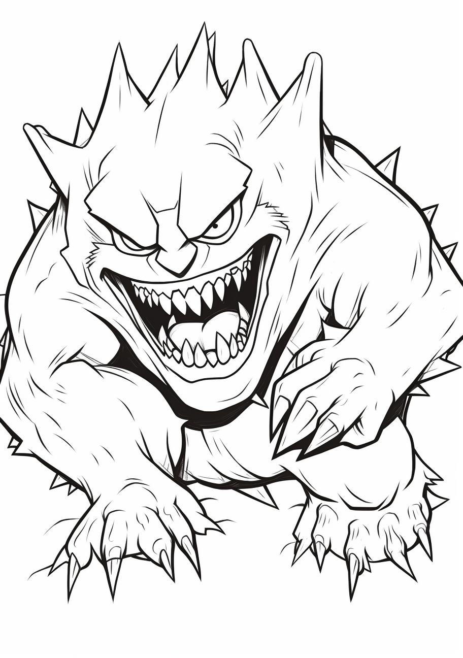 Mega Gengar in dynamic pose; utilizes black, thin lines for shaping. printable coloring page, black and white, free download