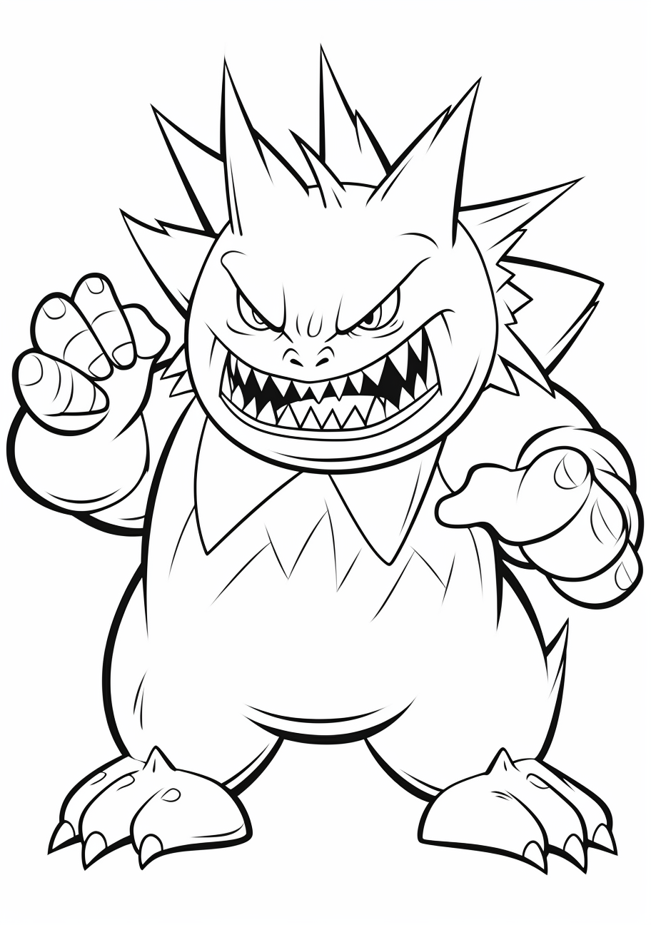 Traditionally posed Gengar with round eyes and grinning mouth; basic and minimalist art design. printable coloring page, black and white, free download