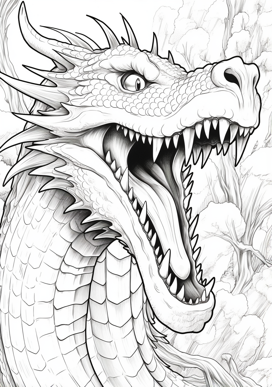 Detailed depiction of a fierce dragon mid-roar, showing intricacy in the fiery breath.printable coloring page, black and white, free download