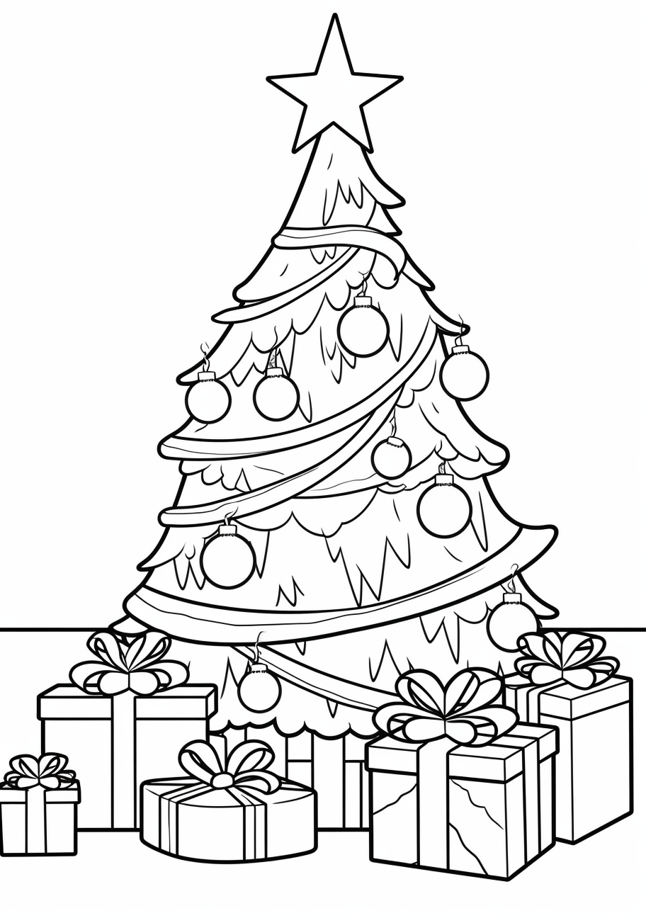 Image depicts a decorated Christmas tree with wrapped presents below; drawn with simple lines and shapes.printable coloring page, black and white, free download