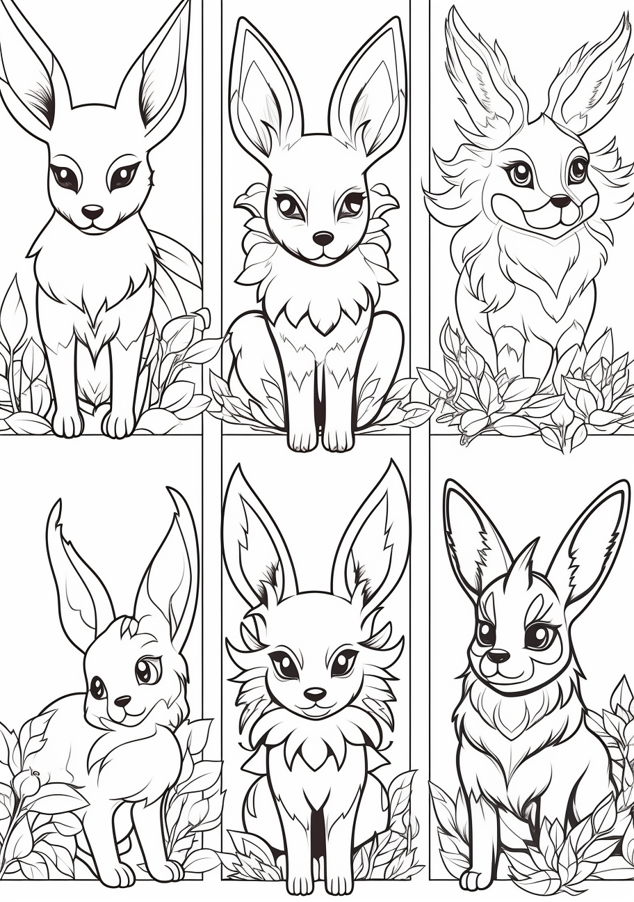 Various evolution stages of Eevee framed in vivid lines and intricate patterns. printable coloring page, black and white, free download