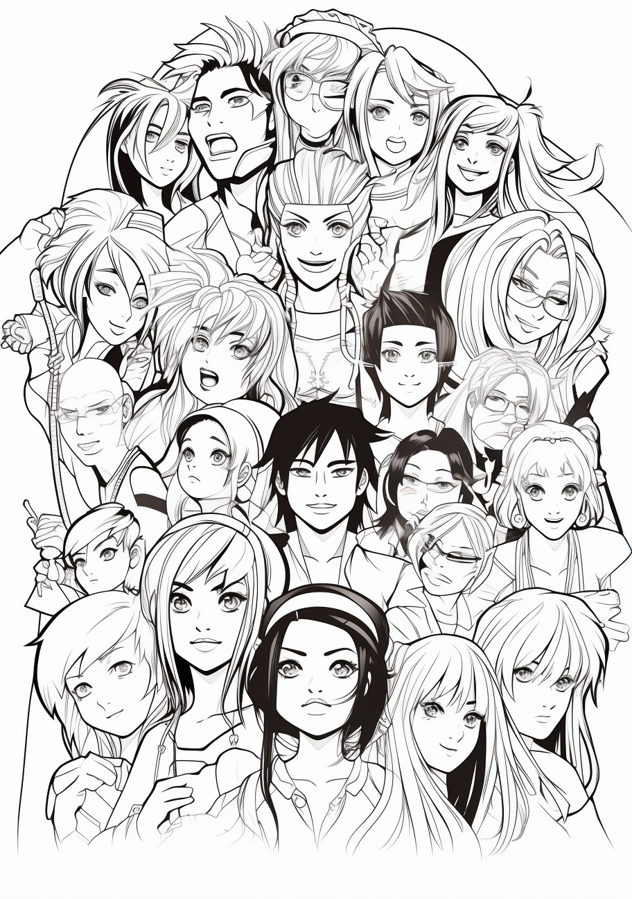 Anime characters in a group setting; pronounced expressions and detailed hairstyles