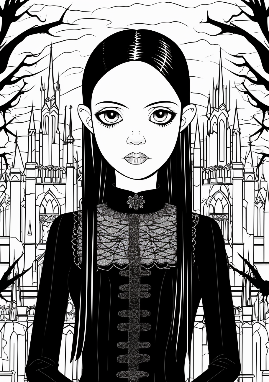 Capturing Wednesday Addams in a distinctly gothic environment; dense detail in both figure and surroundings. printable coloring page, black and white, free download
