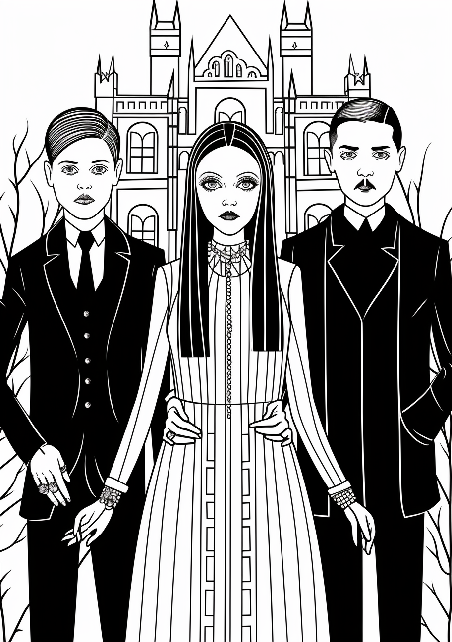 Classic sketch of the Addams family with all characters distinctly detailed; emphasis on the family's gothic style. printable coloring page, black and white, free download