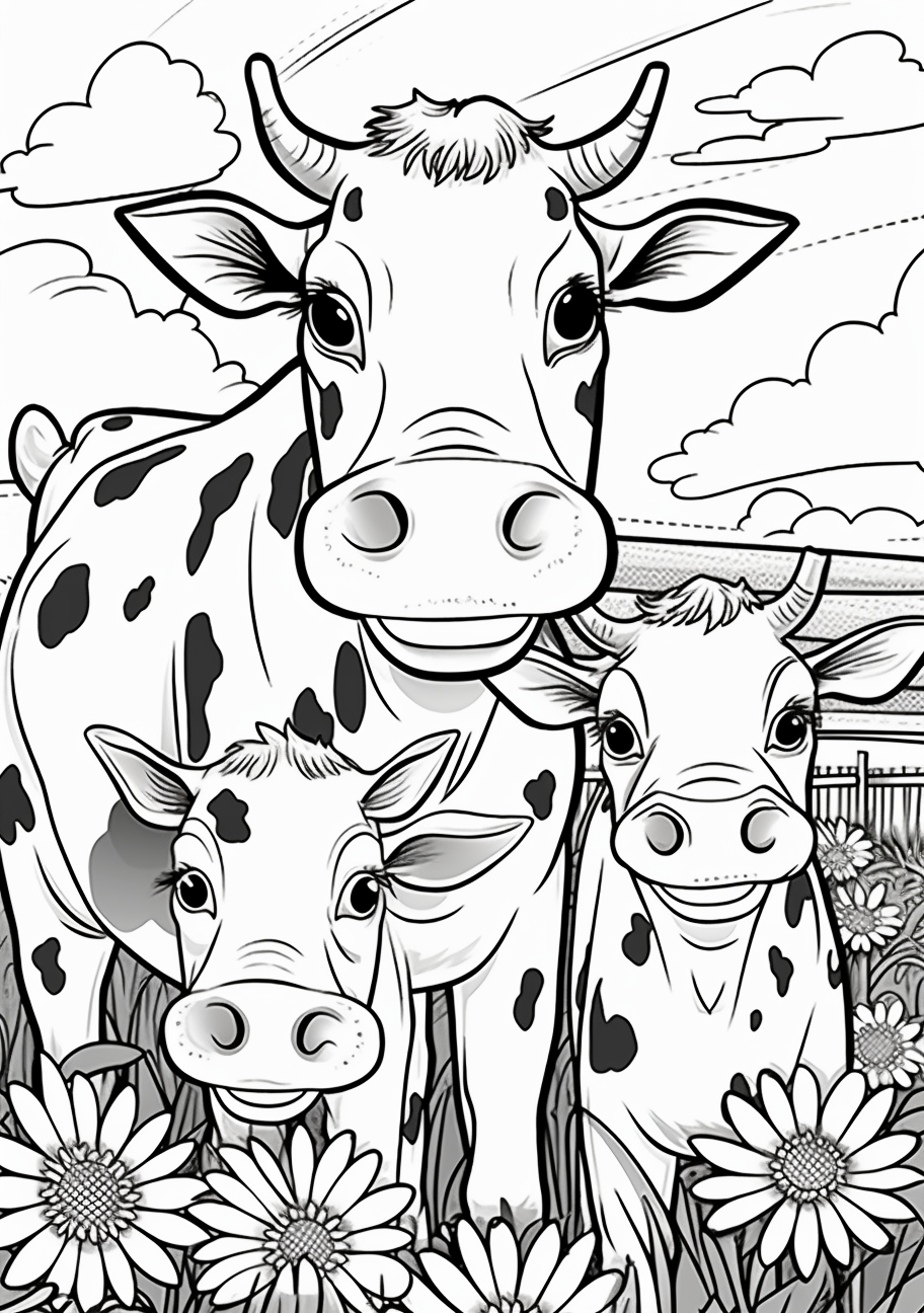 Scene of frolicking cows with farm landscape in the background; clear and distinct outlines.printable coloring page, black and white, free download