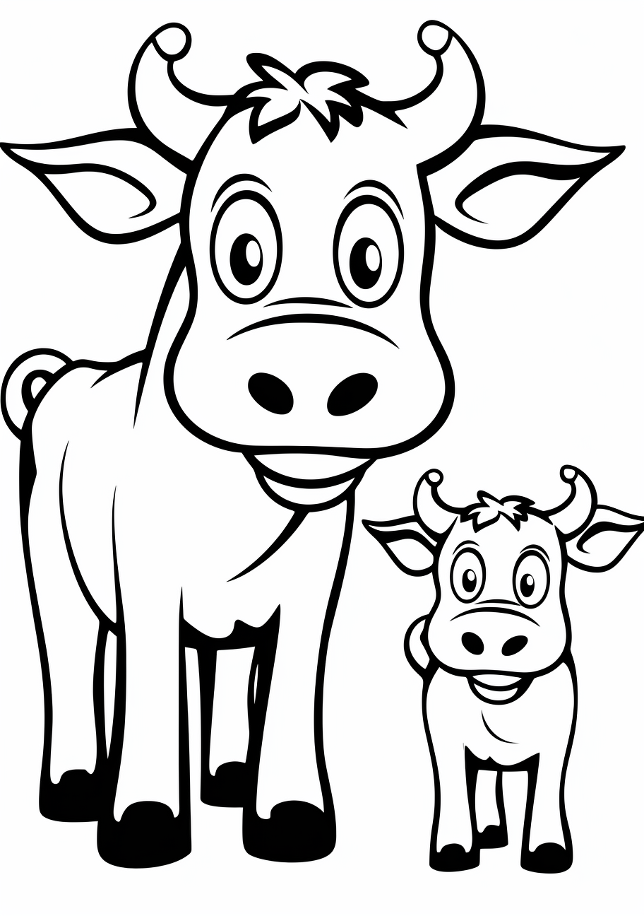 A cheerful cartoon cow with milk bottles; includes simple outlines suited for children.printable coloring page, black and white, free download