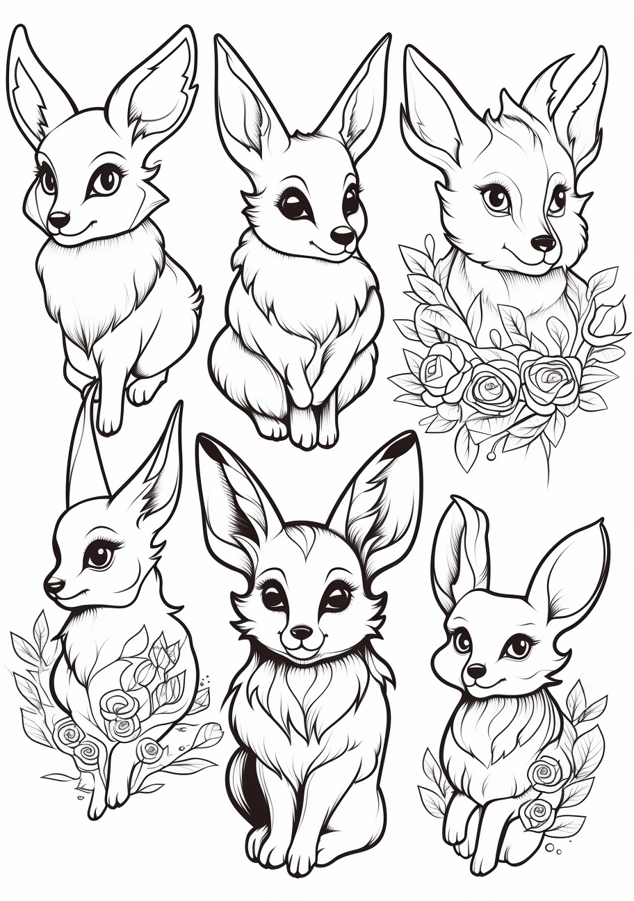 Eevee evolutions depicted in line art style; clean edges and bold outlines. printable coloring page, black and white, free download