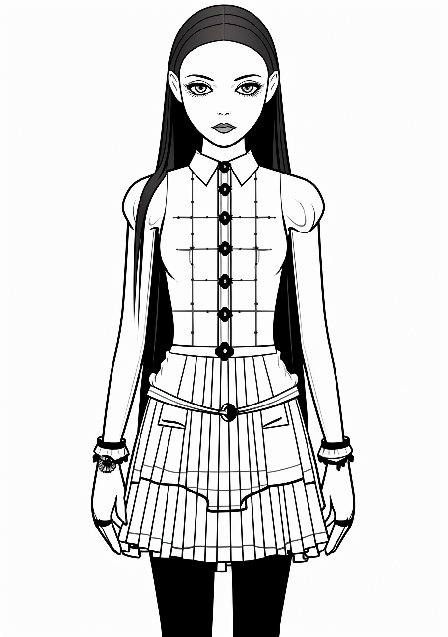 Featuring Wednesday Addams in her signature look; focused on hatching and cross-hatching techniques. printable coloring page, black and white, free download