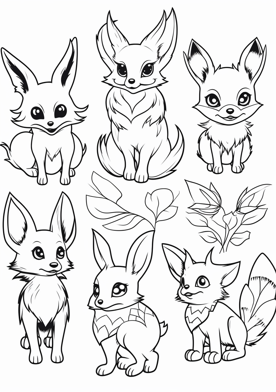 Scene showing the evolution of Eevee; detailed aesthetics with well-defined features. printable coloring page, black and white, free download