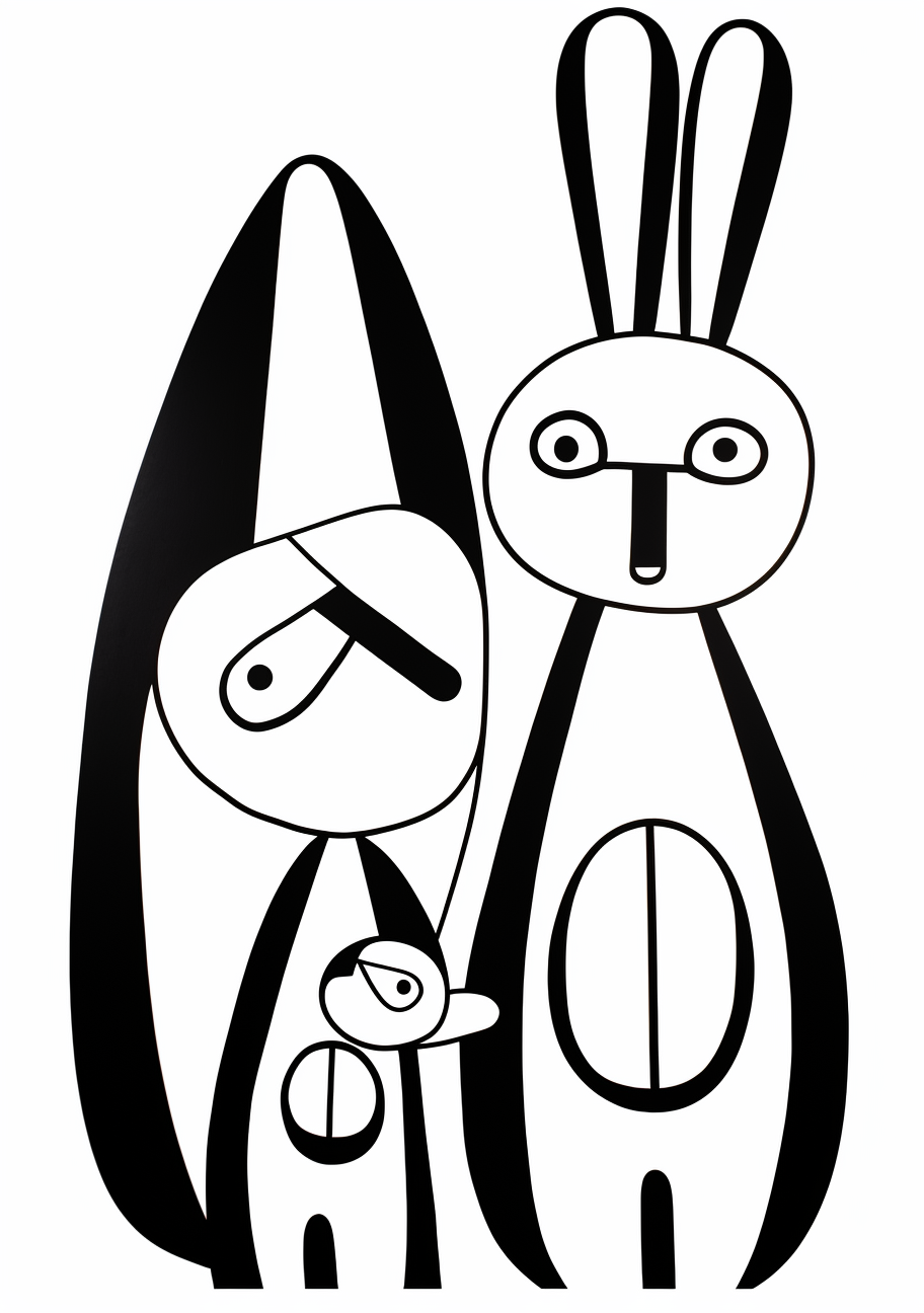 Scene featuring a mother and baby bunny; simple style.printable coloring page, black and white, free download