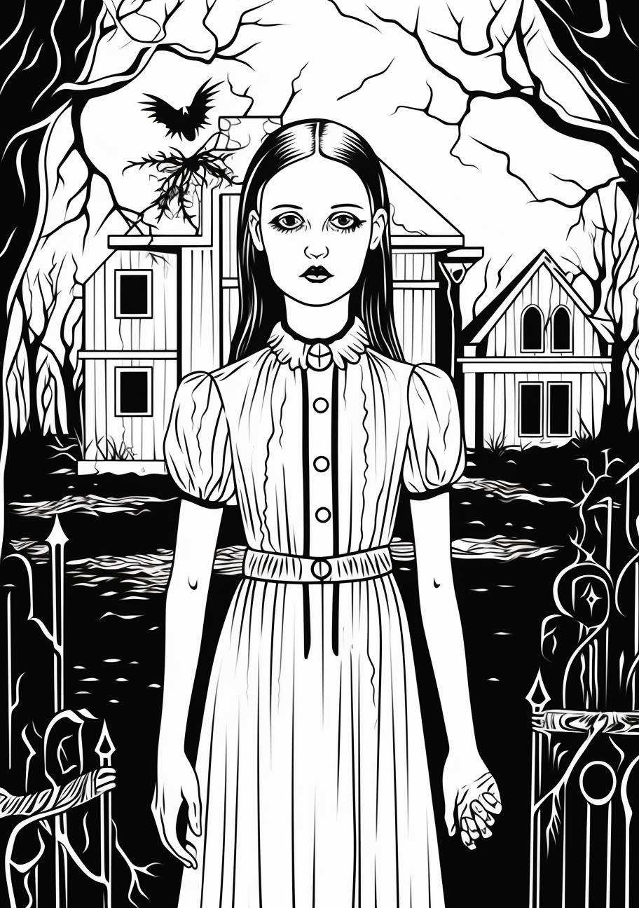 Scene of Wednesday Addams in a haunted, spooky setting with intricate details. printable coloring page, black and white, free download