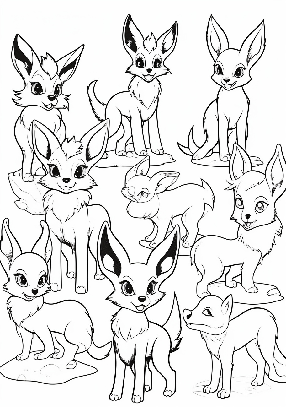 Eevee and its evolutions are caught in various action poses; clean lines and clear forms. printable coloring page, black and white, free download