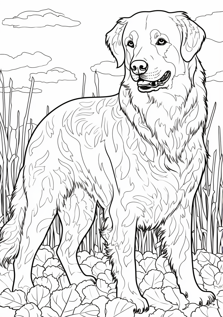 Golden Retriever with subtle shade variations through fine lines printable coloring page, black and white, free download