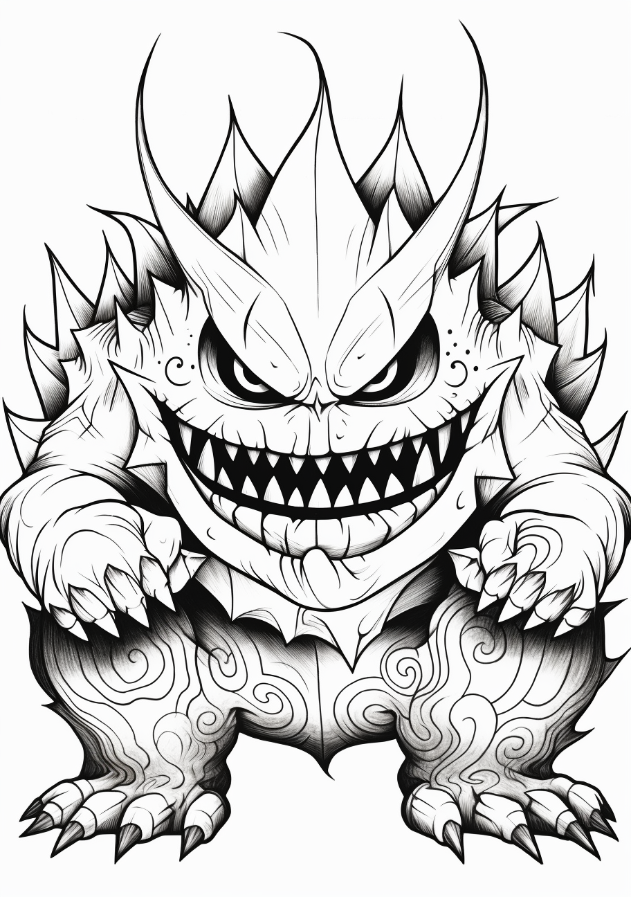 Mega Gengar depicted thoughtfully; characterized by finely detailed lines and patterns. printable coloring page, black and white, free download
