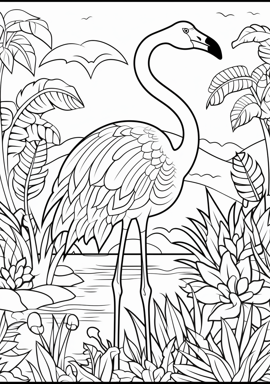 A sketched flamingo standing in a tropical environment; detailed shading and textures.printable coloring page, black and white, free download