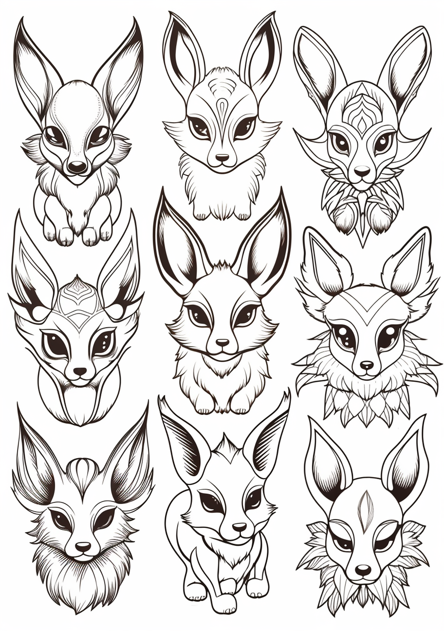 Illustrates Eevee's magnificent transformations; features intricate patterns. printable coloring page, black and white, free download