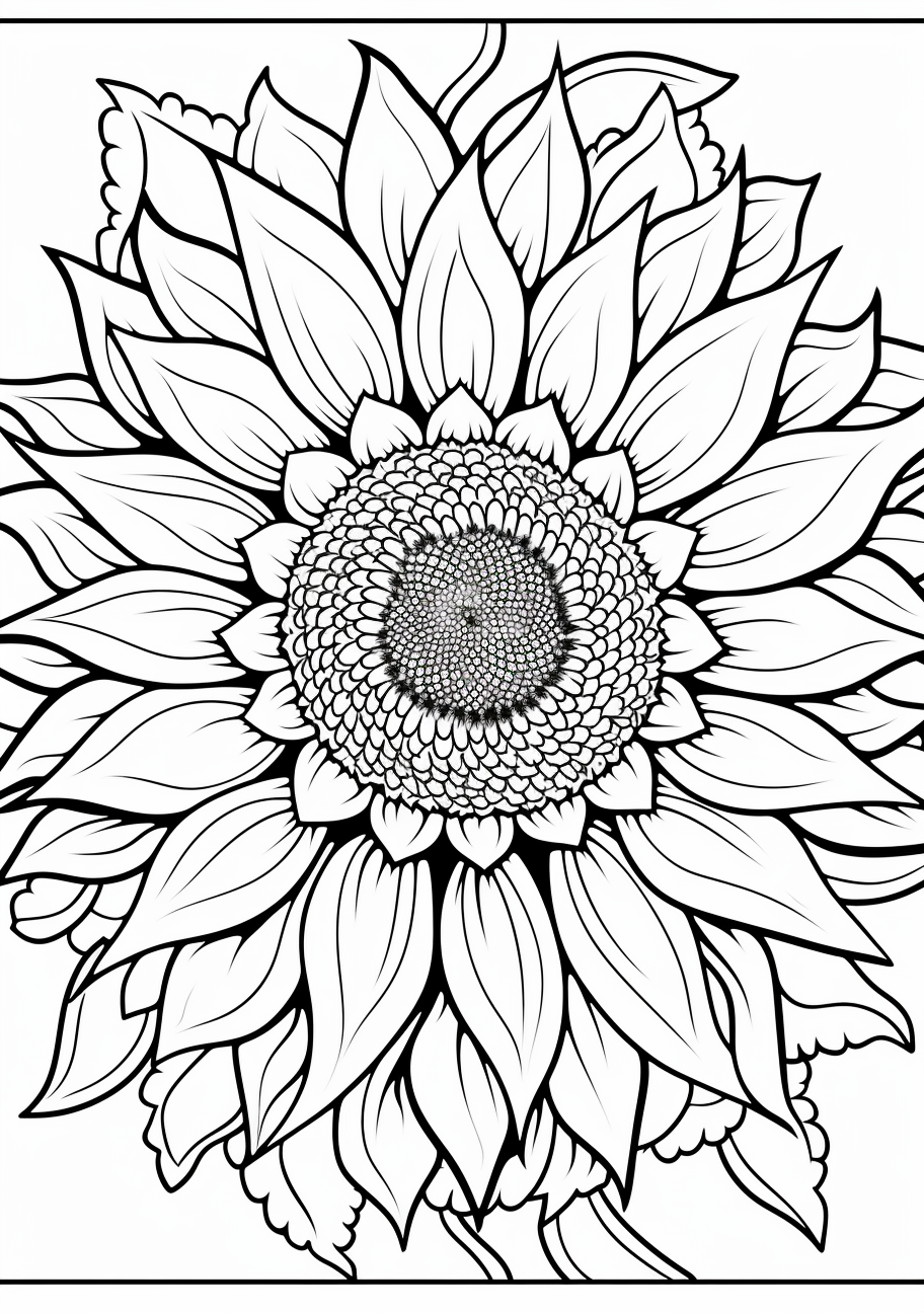 Highly-detailed sunflower color-in design emphasizing the flower's structure.printable coloring page, black and white, free download