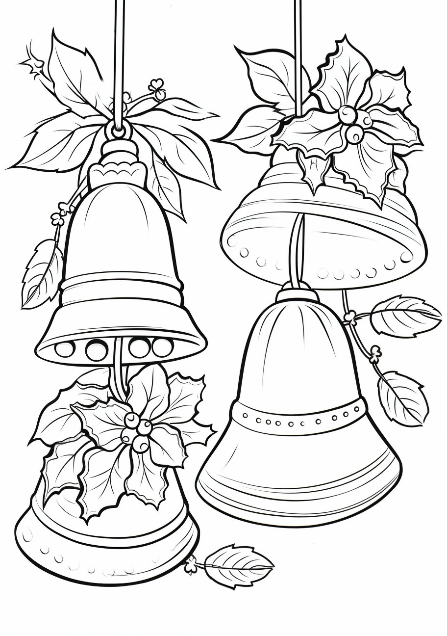 Image features festive Christmas bells and holiday baubles; clean lines with detailed ornament designs.printable coloring page, black and white, free download