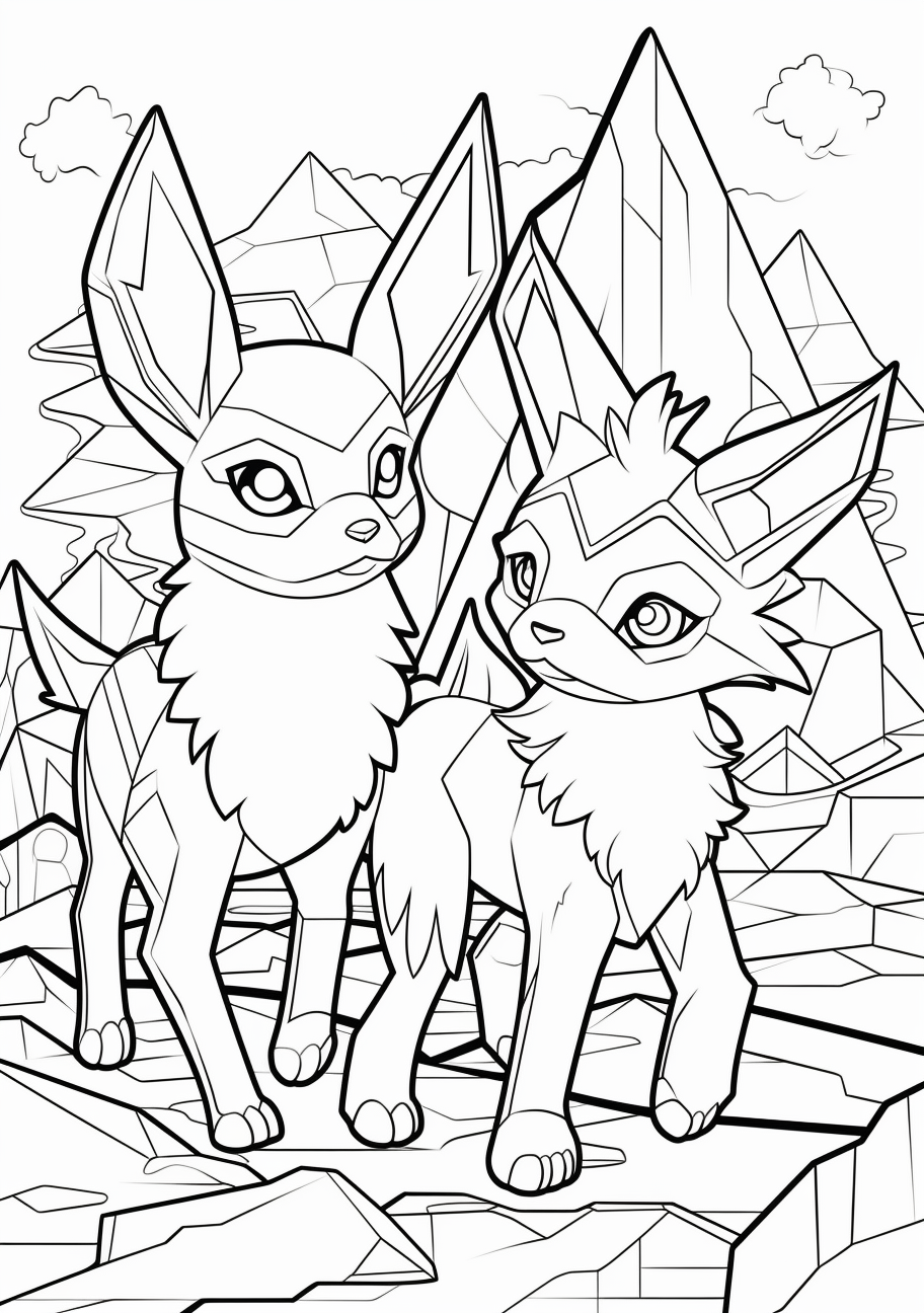 Pikachu and Eevee in a dynamic pose; clean lines and bold shapes. printable coloring page, black and white, free download