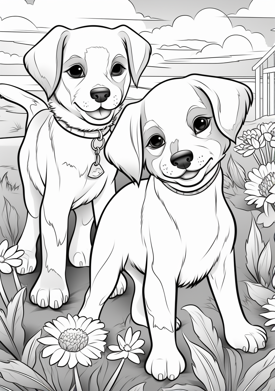 Joyful puppies, each with distinctive features; easy outlines for little hands. printable coloring page, black and white, free download